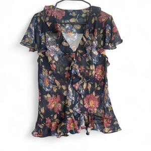 Chaps Black Floral Ruffle Blouse